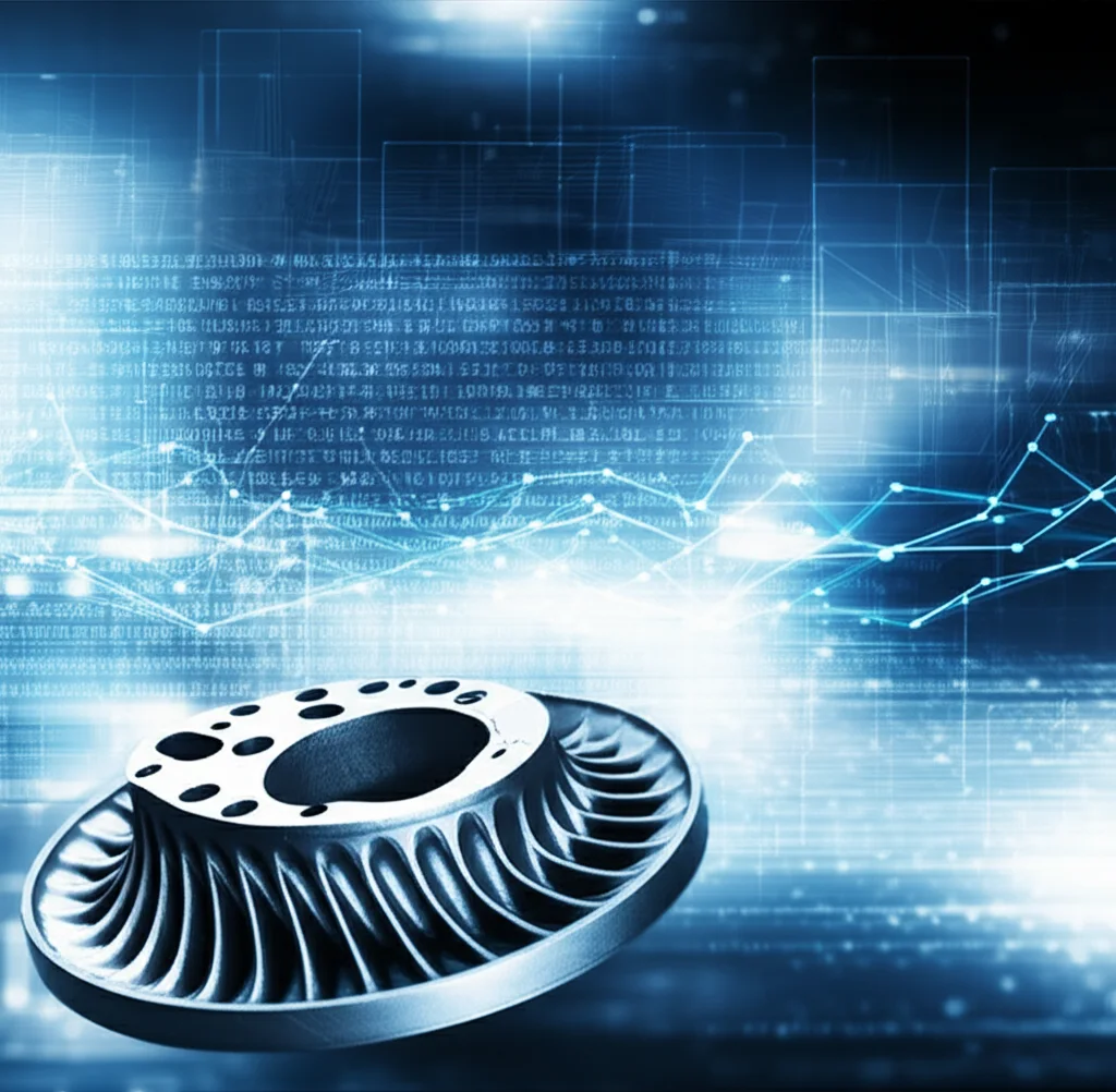 Immagine fotorealistica di un componente aeronautico metallico complesso prodotto con stampa 3D (AM), sovrapposto a grafici di dati digitali luminosi e linee di codice che simboleggiano l'analisi tramite machine learning. In primo piano il componente con dettagli superficiali visibili, sfondo astratto digitale blu e bianco. Obiettivo 50mm, profondità di campo media, illuminazione drammatica che enfatizza la tecnologia.
