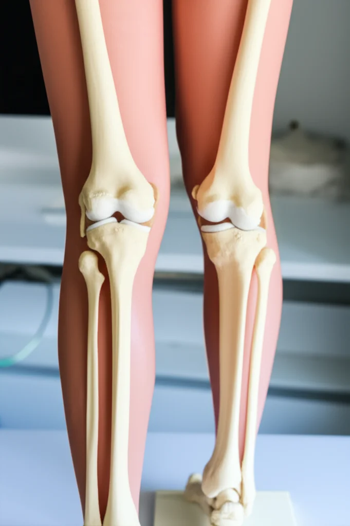 Immagine fotorealistica di un modello anatomico di un ginocchio accanto a un modello di caviglia su uno sfondo medico pulito e moderno. L'immagine è scattata con un obiettivo prime da 50mm, con illuminazione controllata per enfatizzare la precisione dei modelli e l'allineamento tra le due articolazioni. Alto dettaglio visibile sulle superfici articolari.