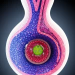 Immagine fotorealistica di un vaso sanguigno sano a confronto con uno affetto da rimodellamento vascolare, 24mm wide-angle lens. La sezione sana mostra cellule endoteliali integre e un lume ampio, mentre la sezione malata mostra iperplasia neointimale e placche aterosclerotiche. La proteina MVP è evidenziata simbolicamente come uno scudo protettivo sulle cellule endoteliali del vaso sano. Depth of field, duotone blu e rosso per contrasto.
