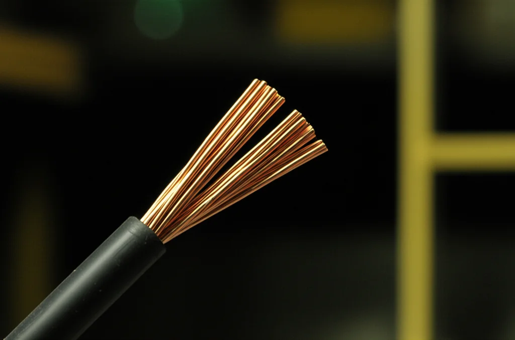 Immagine simbolica del pericolo elettrico: un cavo elettrico scoperto e scintillante in un ambiente industriale poco illuminato. Obiettivo macro 60mm, messa a fuoco precisa sulle scintille, illuminazione controllata per enfatizzare il pericolo, dettagli elevati sul cavo e sull'ambiente circostante.