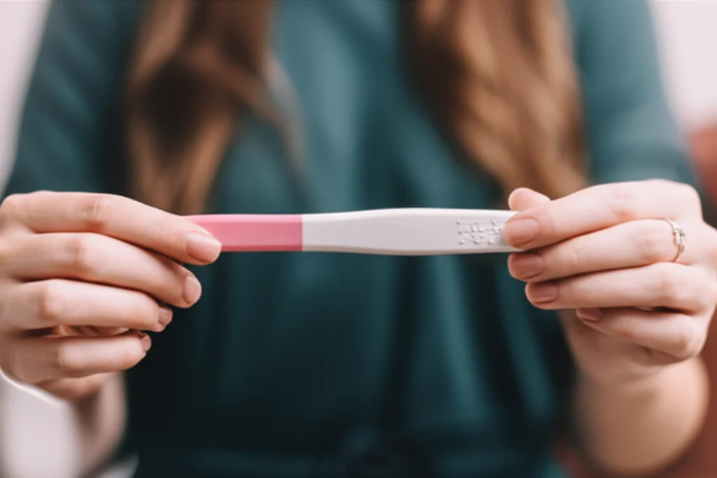 Primo piano di un test di gravidanza positivo tenuto in mano da una donna, sfondo leggermente sfocato di una stanza accogliente, luce calda e morbida, prime lens 50mm, profondità di campo, simbolo di speranza nella PMA.