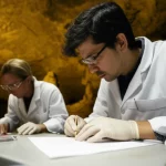 Ricostruzione fotorealistica di archeologi che esaminano attentamente denti fossili di ungulati (gazzelle, daini) all'interno della Grotta di Amud, Israele. Luce controllata da lampade da scavo che illumina i dettagli dei reperti su un tavolino da campo, atmosfera di studio scientifico intenso. Obiettivo macro, 100mm, alta definizione, messa a fuoco precisa sui denti e sulle mani degli archeologi, sfondo della grotta leggermente sfocato.