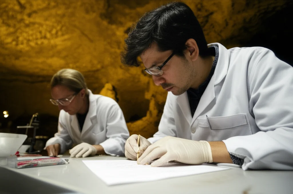 Ricostruzione fotorealistica di archeologi che esaminano attentamente denti fossili di ungulati (gazzelle, daini) all'interno della Grotta di Amud, Israele. Luce controllata da lampade da scavo che illumina i dettagli dei reperti su un tavolino da campo, atmosfera di studio scientifico intenso. Obiettivo macro, 100mm, alta definizione, messa a fuoco precisa sui denti e sulle mani degli archeologi, sfondo della grotta leggermente sfocato.