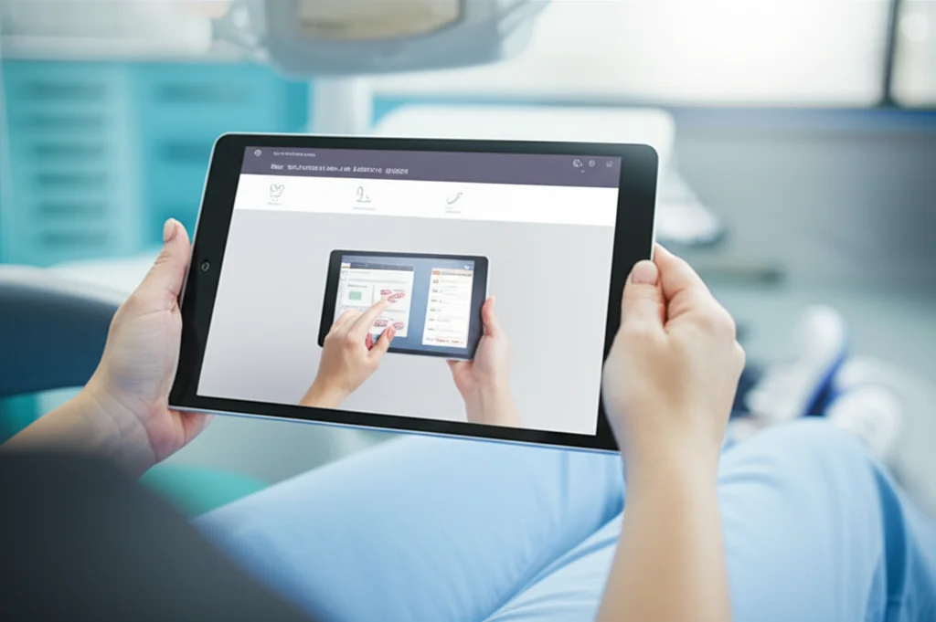 Un assistente alla poltrona utilizza un tablet per un programma di formazione elettronica all'interno di uno studio dentistico moderno e ben illuminato, focus sui dettagli dello schermo e sull'interazione dell'utente, obiettivo prime 50mm, profondità di campo, colori naturali.