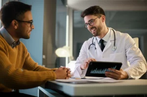 Un medico sorridente e un paziente discutono serenamente in uno studio luminoso, con grafici stilizzati del benessere psicologico visibili su un tablet tra loro. Fotografia di ritratto, obiettivo da 35mm, toni caldi e accoglienti, profondità di campo che mette a fuoco i soggetti e sfoca leggermente lo sfondo per un'atmosfera professionale ma empatica.