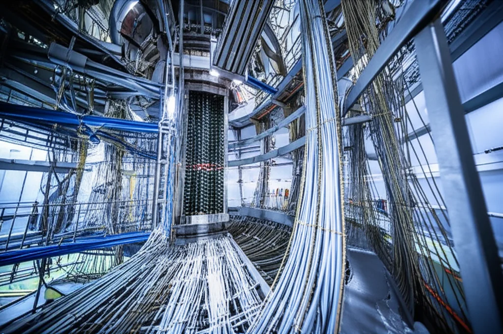 Visualizzazione artistica dell'esperimento GERDA nei Laboratori Nazionali del Gran Sasso, con i rivelatori di germanio immersi in un criostato di argon liquido. L'immagine mostra la complessità dell'apparato, con cavi e strutture di supporto. Obiettivo grandangolare 10mm, lunga esposizione per catturare i dettagli, focus nitido sull'array di rivelatori, atmosfera high-tech con luci soffuse blu e bianche.