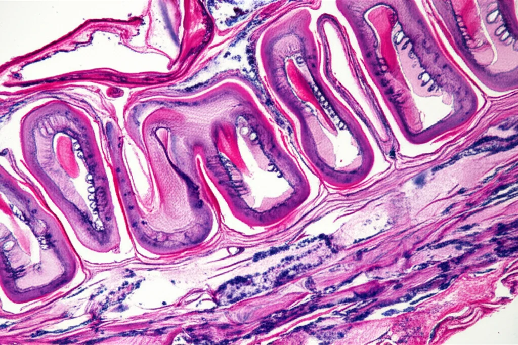 Fotografia macro, obiettivo 90mm, del complesso paesaggio cellulare dell'intestino tenue affetto da celiachia, che mostra l'infiltrazione di cellule immunitarie tra i villi epiteliali, alto dettaglio, messa a fuoco precisa, illuminazione controllata per enfatizzare le strutture cellulari e l'infiammazione.