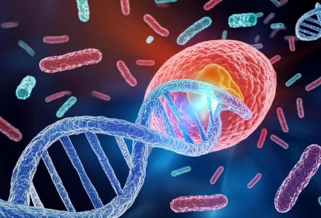 Illustrazione concettuale che mostra il collegamento tra il microbioma intestinale, rappresentato da batteri stilizzati e colorati fluttuanti, e una cellula di condrosarcoma ingrandita, con il gene CSAG1 evidenziato al suo interno come un filamento di DNA luminoso. Macro lens, 100mm, high detail, precise focusing, illuminazione drammatica con un fascio di luce che collega i batteri al gene, per enfatizzare la connessione causale.