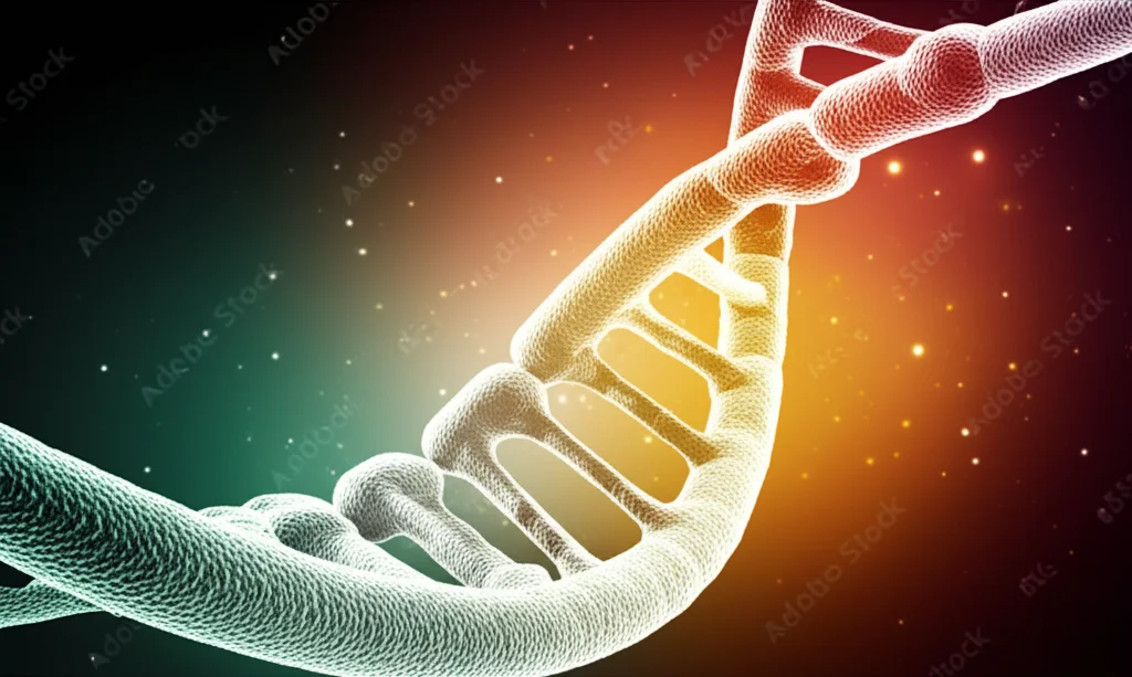 Immagine concettuale astratta che mostra una doppia elica di DNA stilizzata che si intreccia con una texture che ricorda la pelle umana, con punti luminosi che rappresentano l'attività enzimatica. Colori caldi e freddi si mescolano per simboleggiare l'equilibrio ossidativo. Obiettivo 50mm, profondità di campo, illuminazione suggestiva.