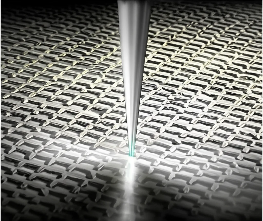 Immagine fotorealistica di una metasuperficie dielettrica chirale composta da risonatori a forma di U in silicio su un substrato di SiO2, vista in prospettiva con un fascio di luce linearmente polarizzata che la attraversa mostrando una trasmissione asimmetrica. Obiettivo macro 100mm, illuminazione da studio controllata per enfatizzare la tridimensionalità e i dettagli dei materiali, alta definizione.