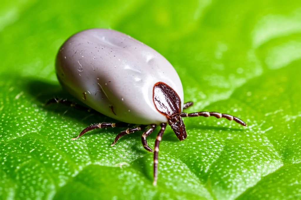 Primo piano fotorealistico di una zecca Ixodes ricinus su una foglia verde brillante. Macro lens 100mm, high detail, precise focusing, controlled lighting con luce laterale morbida, sfondo naturale leggermente sfocato (bokeh) per enfatizzare la zecca.