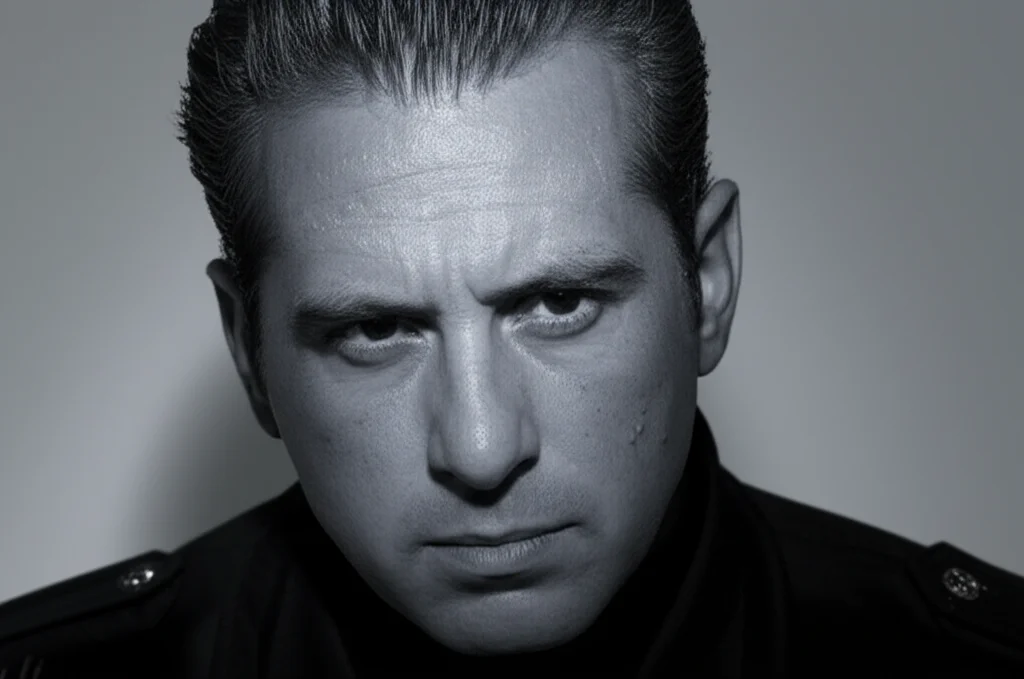 Ritratto intenso di un poliziotto con sguardo determinato, simboleggiante il controllo interno e la resilienza. Fotografia in primo piano, obiettivo da 35mm, stile film noir con forti contrasti e ombre definite, duotone blu e grigio per accentuare la serietà e la profondità emotiva del soggetto. L'immagine evoca la forza mentale necessaria nelle forze dell'ordine.