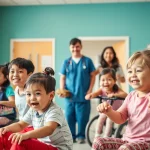 Un gruppo di bambini di età diverse che partecipano con gioia a una sessione di attività fisica adattata in un ambiente ospedaliero colorato e accogliente, supervisionati da personale medico. Fotografia di gruppo, obiettivo zoom 24-35mm, profondità di campo per mettere a fuoco i bambini, luce brillante e calda.