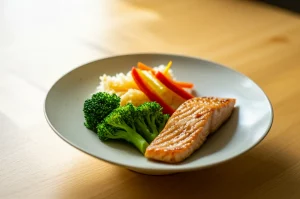 Un piatto di cibo giapponese semplice ma nutriente (riso bianco in una ciotola, verdure saltate colorate, un pezzo di pesce grigliato) disposto su una tavola di legno in un ambiente luminoso che suggerisce una casa temporanea ma accogliente. Fotografia still life, lente macro 85mm, luce naturale morbida laterale, alta definizione, focus preciso sul cibo, profondità di campo ridotta per sfocare leggermente lo sfondo.
