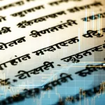 Un'immagine concettuale che mostra antichi manoscritti Hindi con caratteri Devanagari finemente dettagliati, sovrapposti a grafici di dati digitali luminosi e astratti di colore blu e arancione, simboleggiando l'incontro tra tradizione linguistica e analisi moderna. Lente prime da 50mm, illuminazione drammatica con forte contrasto tra la calda luce sui manoscritti e la fredda luce dei dati digitali, duotone seppia e blu ciano per un effetto suggestivo, alta definizione, profondità di campo per mantenere a fuoco sia i dettagli del manoscritto che la chiarezza dei grafici.