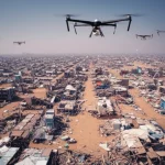 Wide-angle landscape photo of a disaster-stricken area with multiple communication drones flying above, establishing a network. 10mm focal length, long exposure to show slight motion blur on the drones, sharp focus on the scene below.