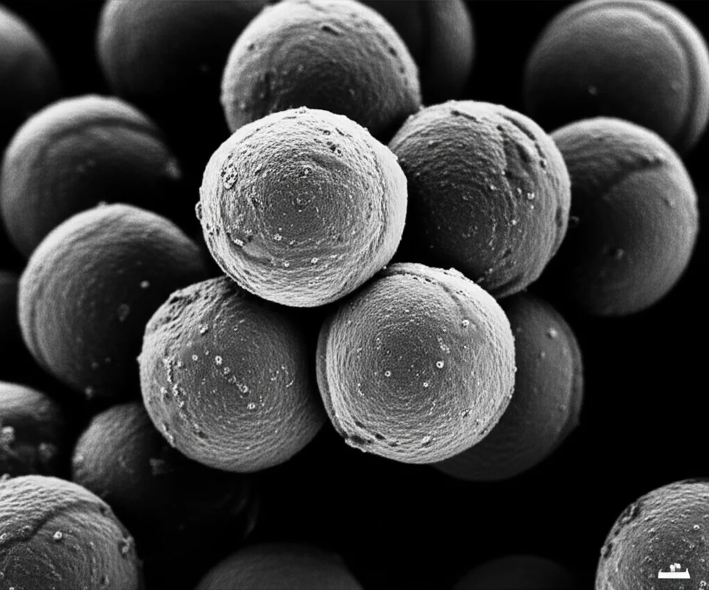 Macro lens, 105mm, High detail, Precise focusing, Controlled lighting, showing a cluster of spherical nanoparticles representing the Fe3O4-SiO2-SD@Pd catalyst.
