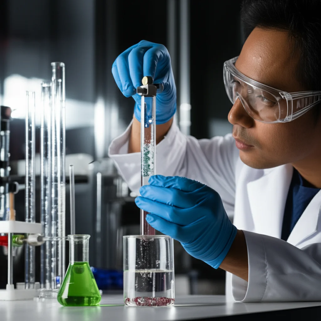 Wide-angle lens, 24mm, Controlled lighting, showing a chemist using an external magnet to separate magnetic catalyst particles from a reaction mixture in a laboratory setting.