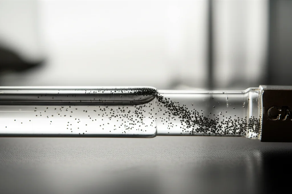 Macro lens, 60mm, High detail, Precise focusing, Controlled lighting, showing a flask containing a chemical reaction mixture with magnetic catalyst particles being pulled to the side by an external magnet.