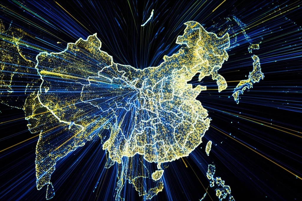 Abstract representation of data points on a map of China, showing clusters in southeastern regions, wide-angle 10mm, long exposure effect on data flow lines, representing the spatial distribution of nature-based cultural heritage sites and visitor density.