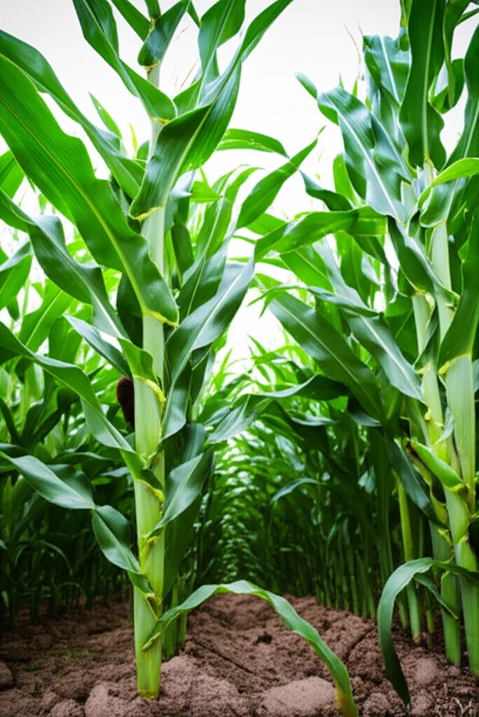 Healthy corn plants growing in rich soil, macro lens, 100mm, high detail, controlled lighting