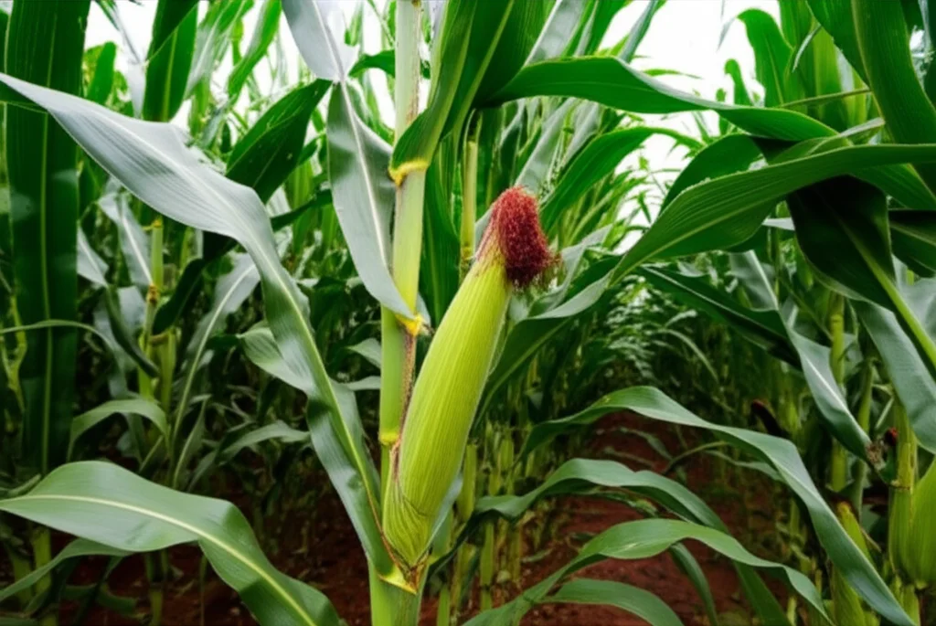 A resilient corn stalk standing tall in a field, wide-angle lens, 24mm, sharp focus