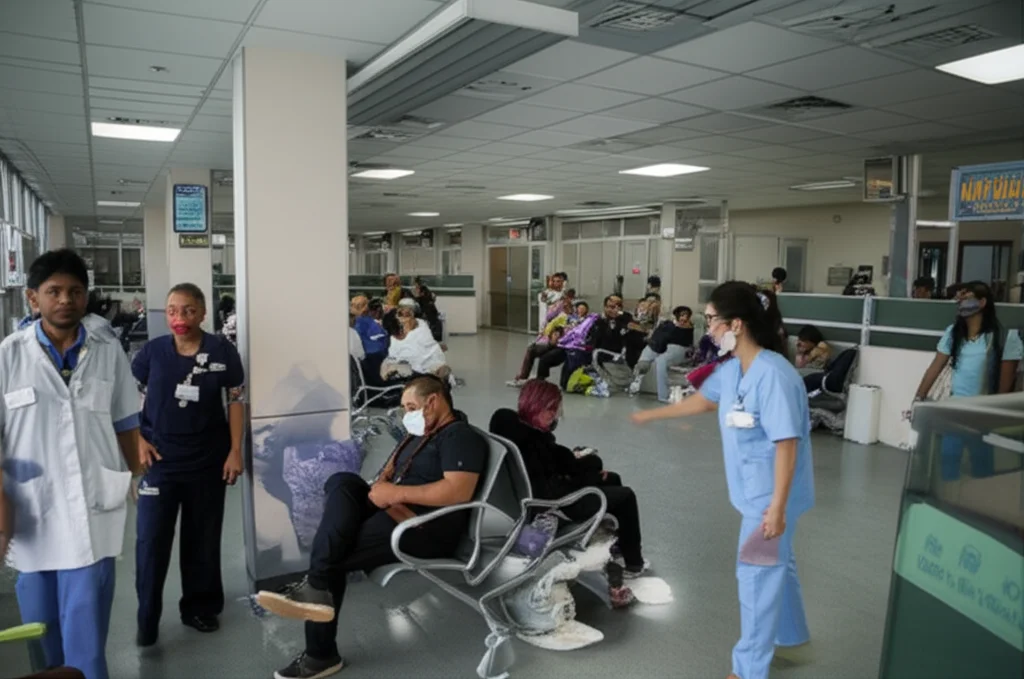 Photorealistic wide-angle 24mm shot of a busy emergency department waiting area, showing diverse people waiting and staff members moving quickly, with a sense of controlled chaos and underlying tension. High detail, controlled lighting.