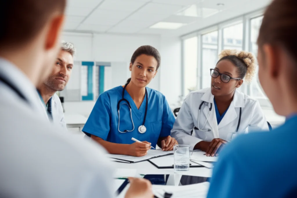 Photorealistic portrait photography, 50mm lens, showing a diverse group of healthcare professionals in an emergency department setting, engaged in a serious discussion, perhaps a team meeting about workplace safety. Depth of field, controlled lighting.