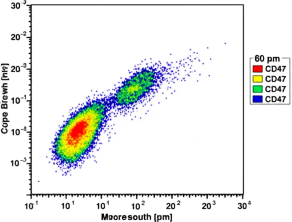 Photorealistic image of a flow cytometry scatter plot showing distinct cell populations, with one population highlighted to indicate high CD47 expression, macro lens, 60mm, high detail, precise focusing, controlled lighting.