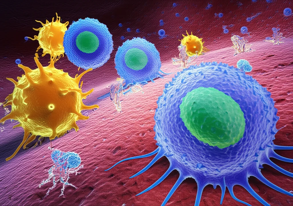Photorealistic image representing the tumor microenvironment, showing various cell types like macrophages and cancer cells interacting, perhaps with signaling pathways depicted abstractly, macro lens, 105mm, high detail, controlled lighting.