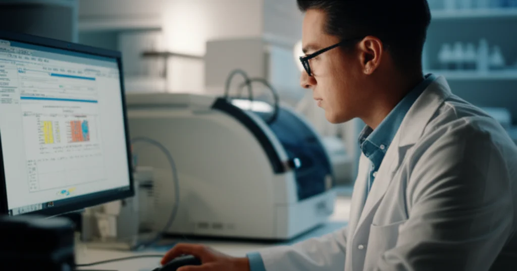 Photorealistic image of a researcher looking intently at data on a computer screen in a laboratory setting, with a flow cytometer machine visible in the background, prime lens, 35mm, depth of field.