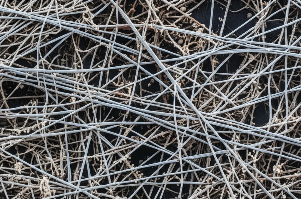 Microscopic view of soil particles bound by microbial extracellular polymeric substances (EPS), macro lens, 105mm, high detail, precise focusing, controlled lighting