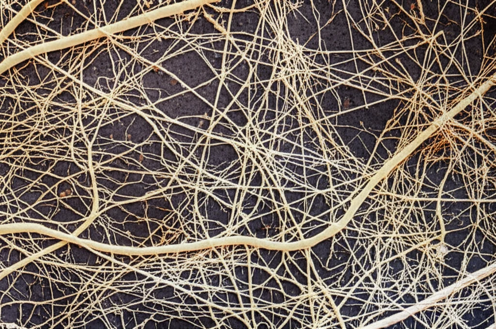 Distinct bacterial and fungal structures within a soil sample, macro lens, 105mm, high detail, precise focusing