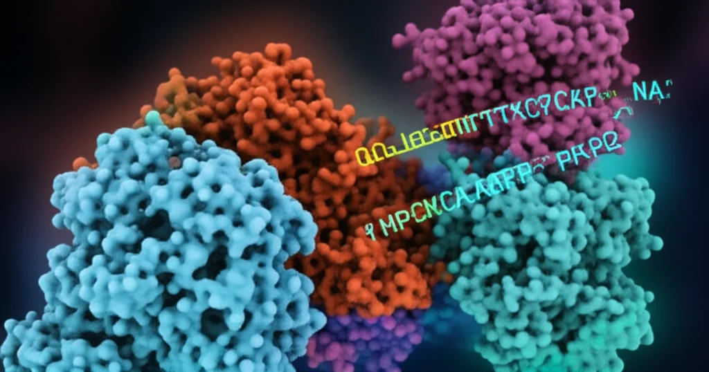 Stylized molecular diagram showing miR-7-5p interacting with PKP2 mRNA, macro lens, 60mm, high detail, precise focusing, controlled lighting