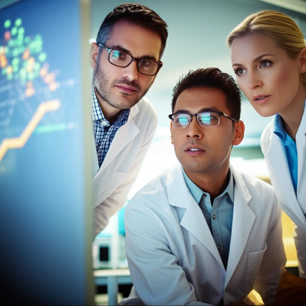 Hopeful image of researchers looking at data on a screen, representing cancer research progress, prime lens, 35mm, depth of field, controlled lighting