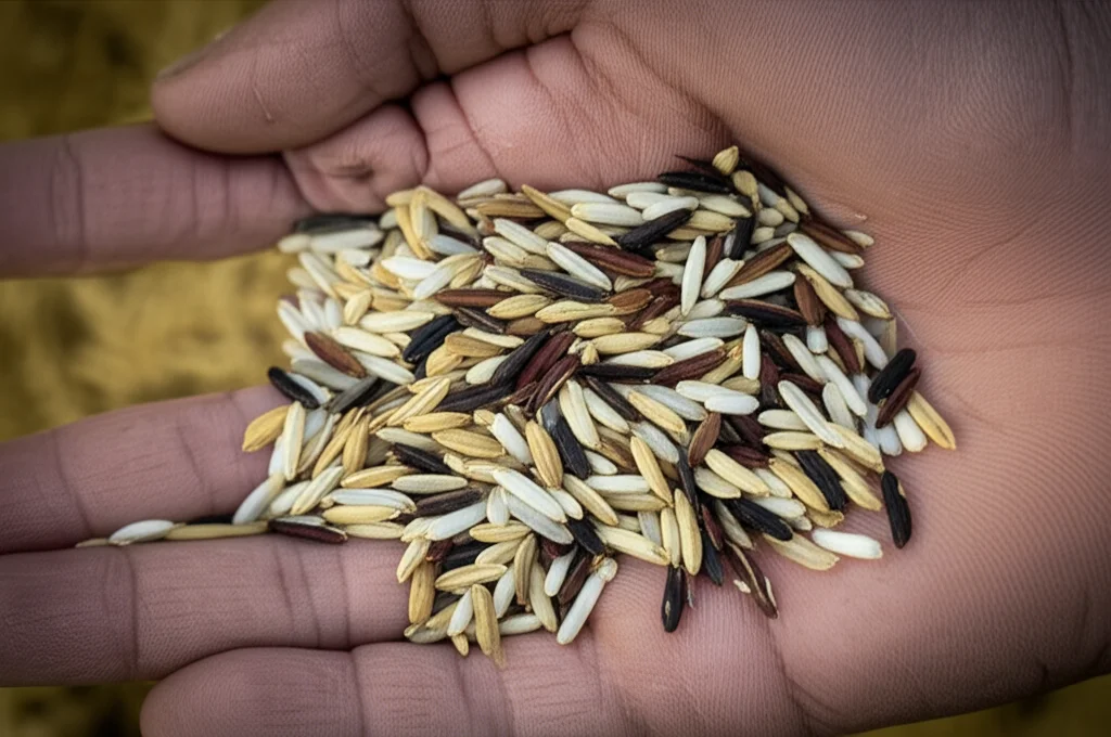 A close-up macro shot of diverse rice seeds held in a farmer's hand, 60mm macro lens, high detail, precise focusing, controlled lighting.