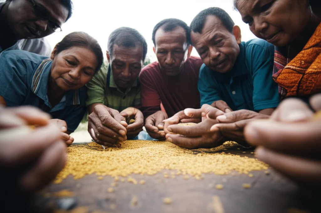 A group of Filipino farmers, men and women, gathered around a table examining different rice seeds, 35mm portrait lens, depth of field, showing focus on the seeds and faces.