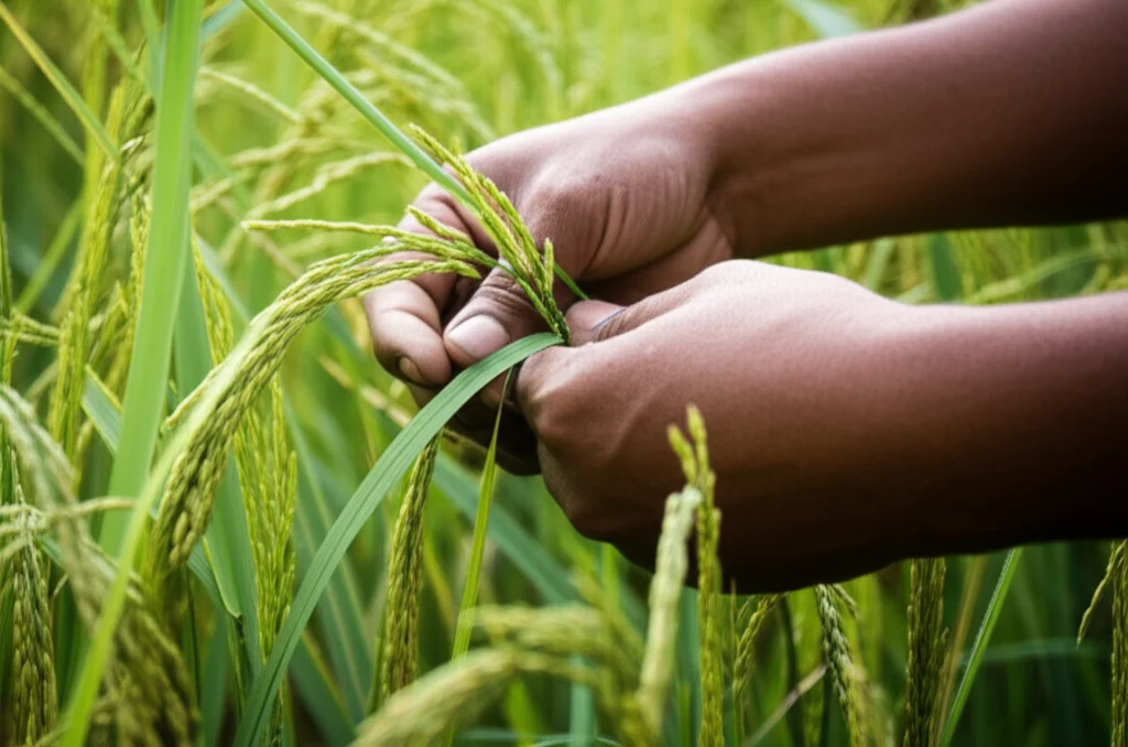 A farmer carefully selecting rice panicles in a field, illustrating the process of farmer-led breeding, 100mm macro lens, precise focusing on the farmer's hands and the rice.