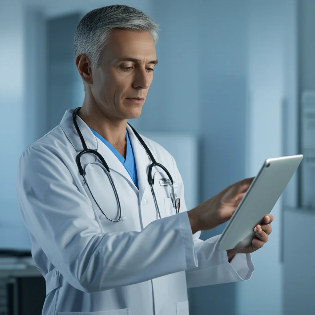 A doctor looking at a tablet displaying organized medical information, suggesting improved clinical decision support, 35mm portrait, depth of field.