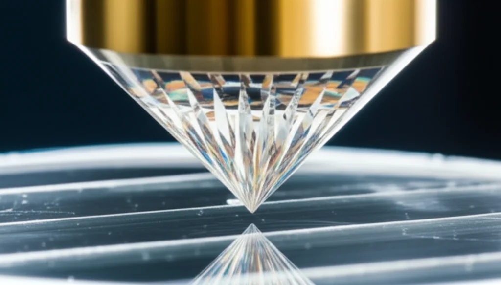 Photorealistic close-up of a diamond nanoindenter tip approaching a polished crystal surface, macro lens, 60mm, high detail, precise focusing, controlled lighting.