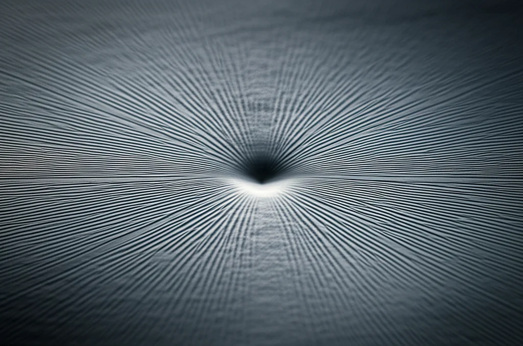 Conceptual photorealistic image showing a microscopic indentation on a material surface with lines representing stress distribution, macro lens, 80mm, high detail, controlled lighting.