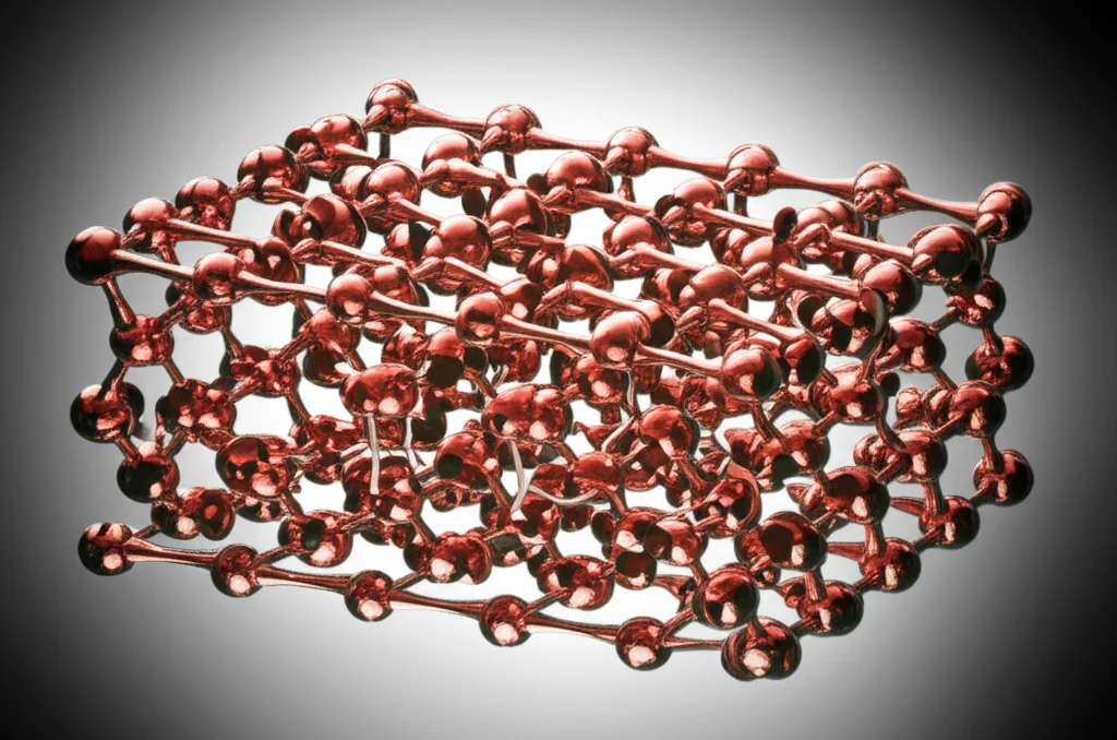 Photorealistic image showing a stylized representation of elastic and plastic deformation at the nanoscale within a crystal lattice, macro lens, 105mm, high detail, precise focusing, controlled lighting.