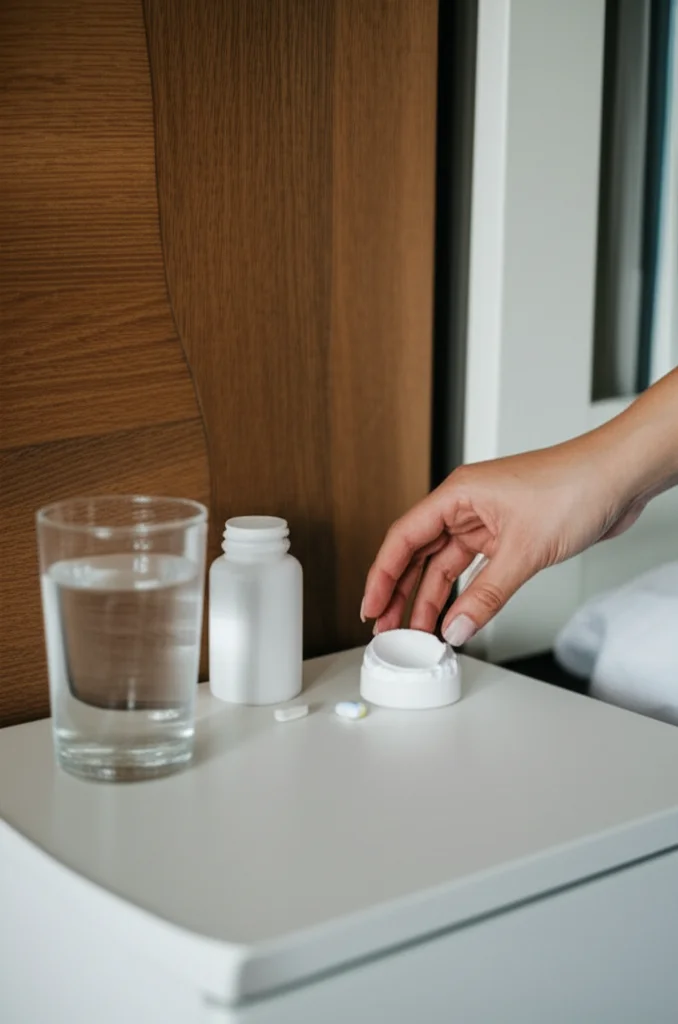 A hand reaching for a bottle of pills on a bedside table next to a glass of water, macro lens, 60mm, high detail, showing medication.
