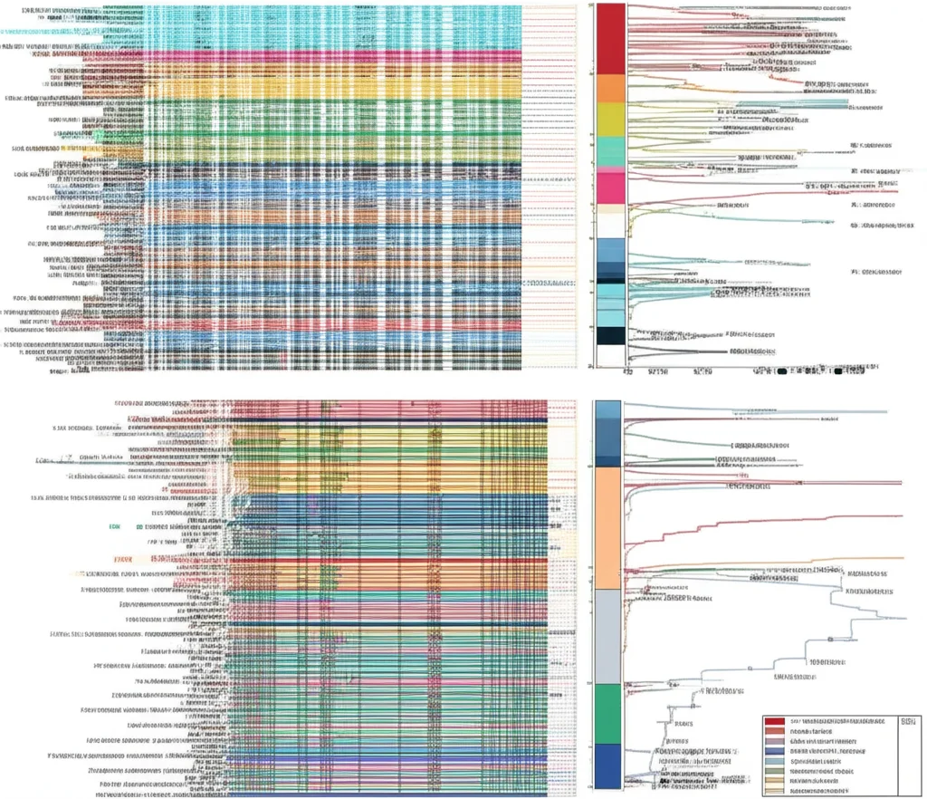 Wide-angle, 24mm, sharp focus, high detail of a complex genomic data visualization chart showing gene mutations and survival curves.