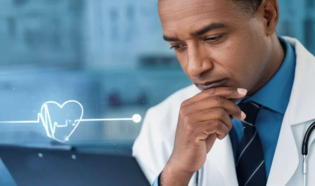 A close-up portrait, 35mm lens, of a thoughtful cardiologist reviewing patient charts with a subtle heart graphic overlay, depth of field.