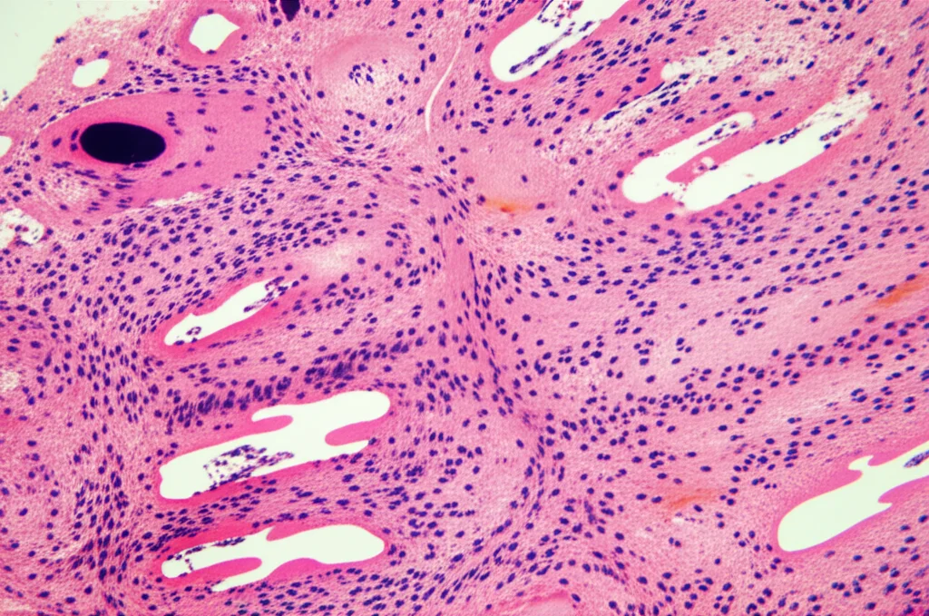 A microscopic view of heart muscle cells under stress, macro lens, 100mm, high detail, controlled lighting, depicting cellular damage.