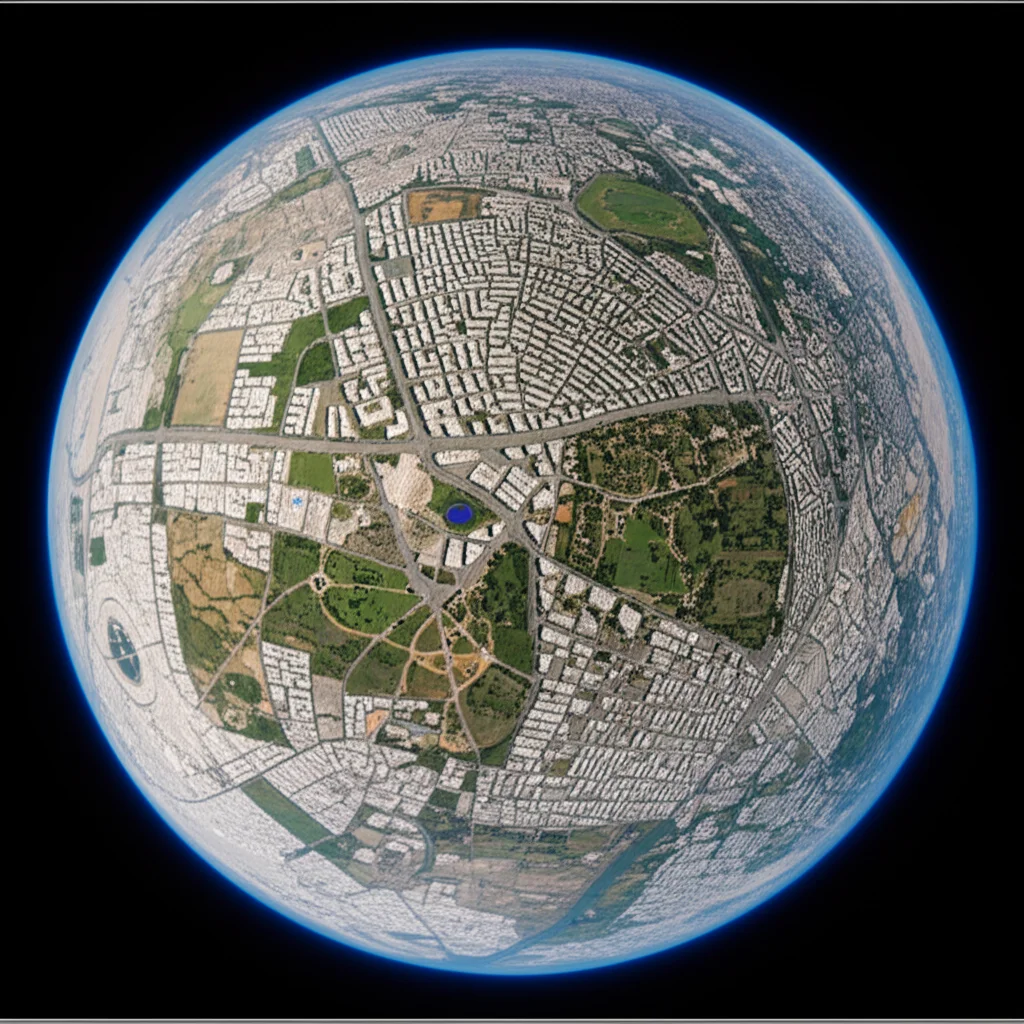 Photorealistic satellite view concept showing a patchwork of green urban parks and grey built-up areas in an Egyptian city. Wide-angle lens, 10mm, sharp focus, high detail.