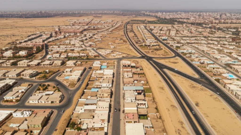 Photorealistic aerial view showing the expansion of built-up areas encroaching on surrounding desert landscape near an Egyptian city. Wide-angle lens, 15mm, long exposure, sharp focus.