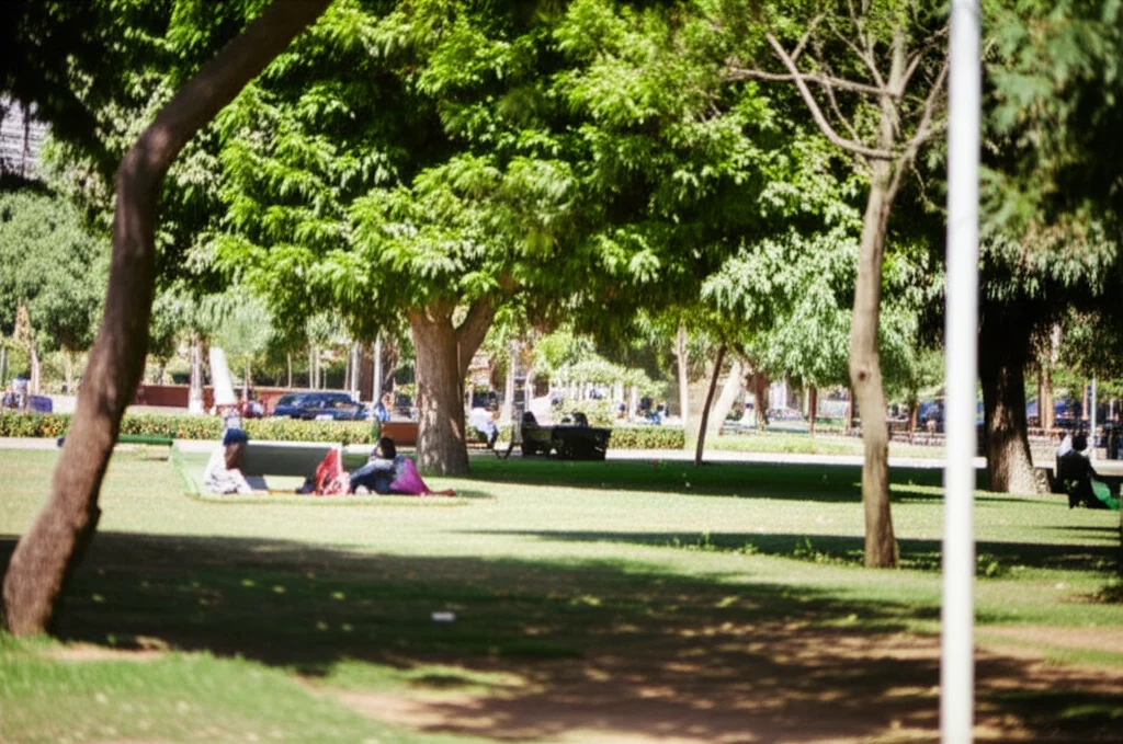 Photorealistic image of people relaxing in a vibrant urban park in Egypt, showing lush trees providing shade. Macro lens, 60mm, controlled lighting, high detail.