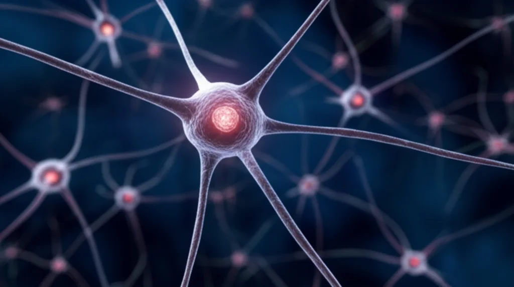 Photorealistic image of a complex network of neurons, macro lens, high detail, controlled lighting, depth of field, showing intricate dendritic branching.